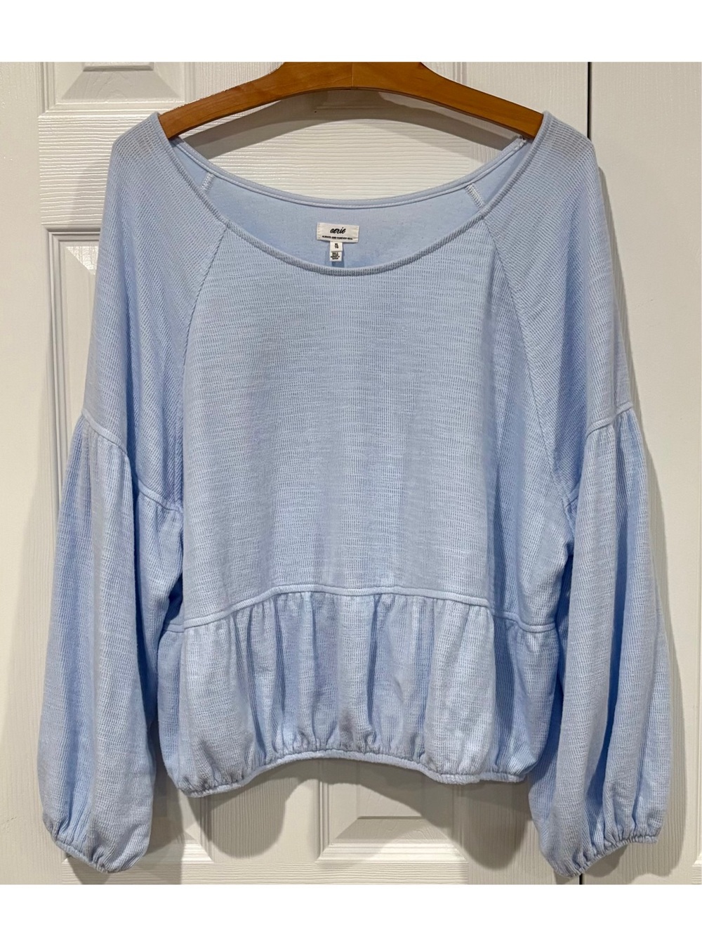Aerie Real Good Long Sleeve Crop Top Knit Ribbed Light Blue XL